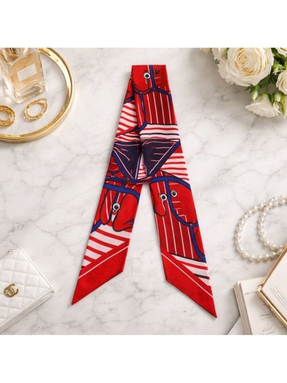 RED BLUE WHITE EQUESTRIAN HORSE SKINNY SCARF HANDBAG HANDLE WRAP HAIR NECK TIE - Picture 4 of 7